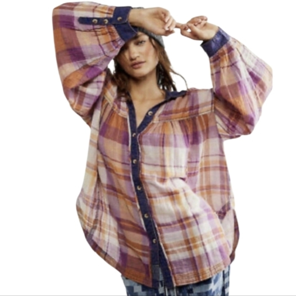 Free People Medium Olivia Plaid Oversized Top Luxury Patchwork Hippie Boho